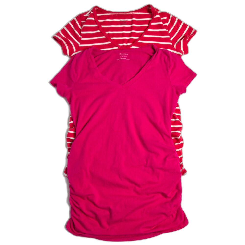 Motherhood Maternity Ruched V Neck T Shirts Lot | Women's Size XS | Pink Stripe